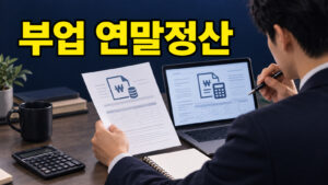 직장인이 연말정산 자료와 부업 종합소득세 자료를 구분해 확인하는 모습