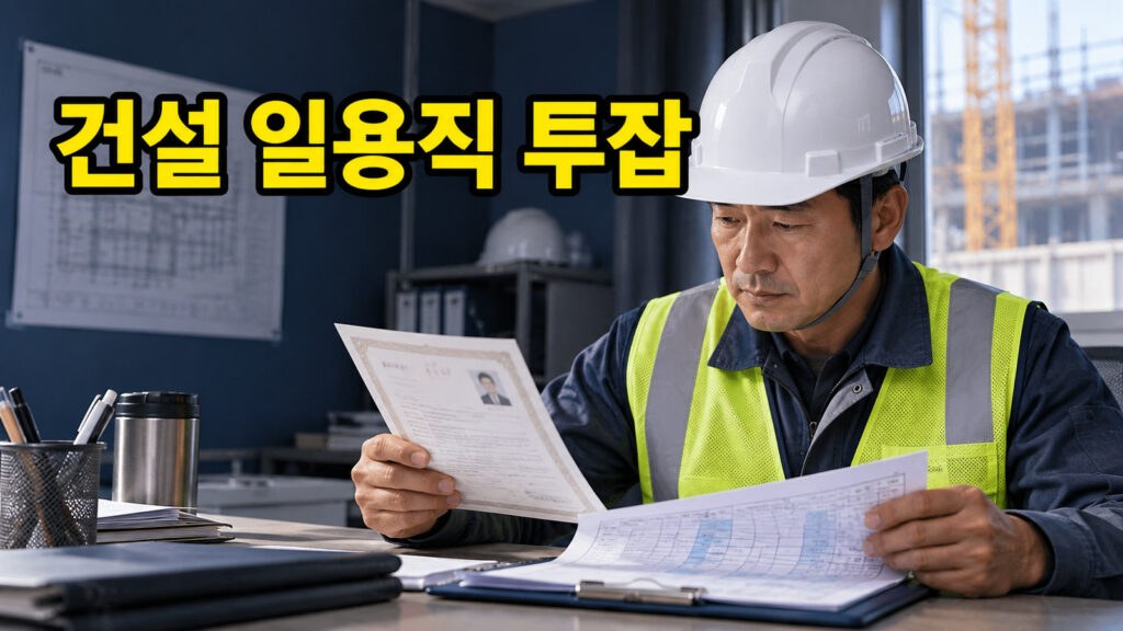 안전모를 쓴 건설 일용근로자가 안전교육과 보험 사항을 확인하는 모습