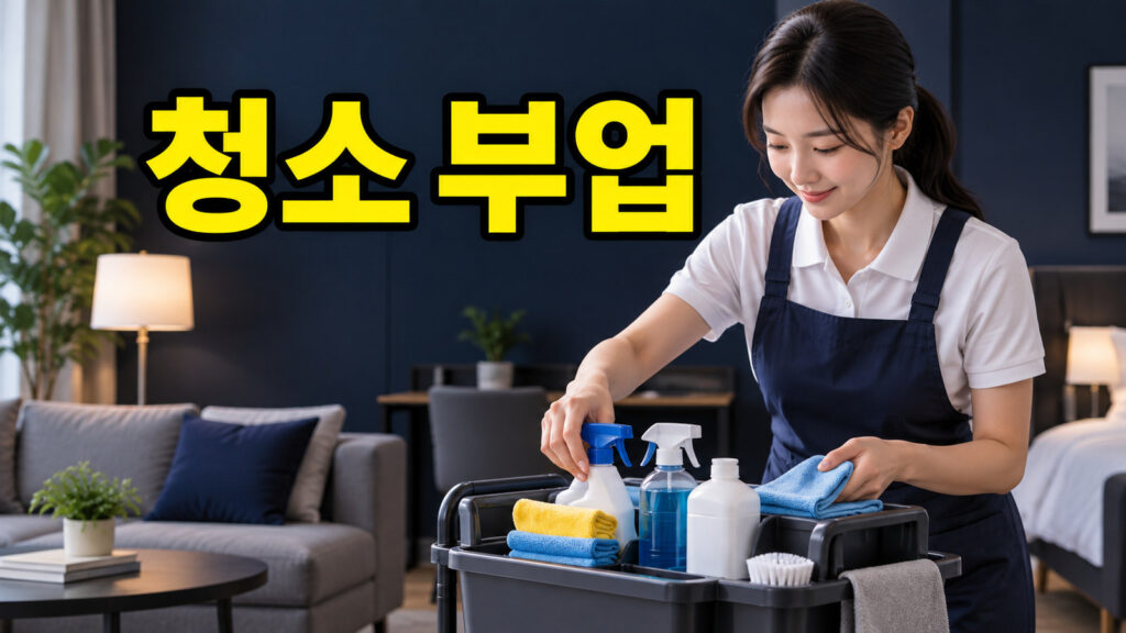 청소 도구와 업무 범위를 점검하는 청소 부업 작업자