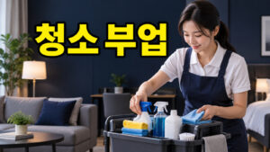 청소 도구와 업무 범위를 점검하는 청소 부업 작업자