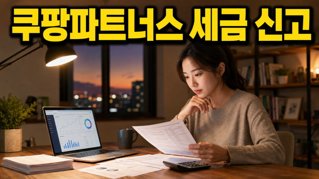 쿠팡파트너스 세금 신고 문구와 정산 자료를 확인하는 직장인