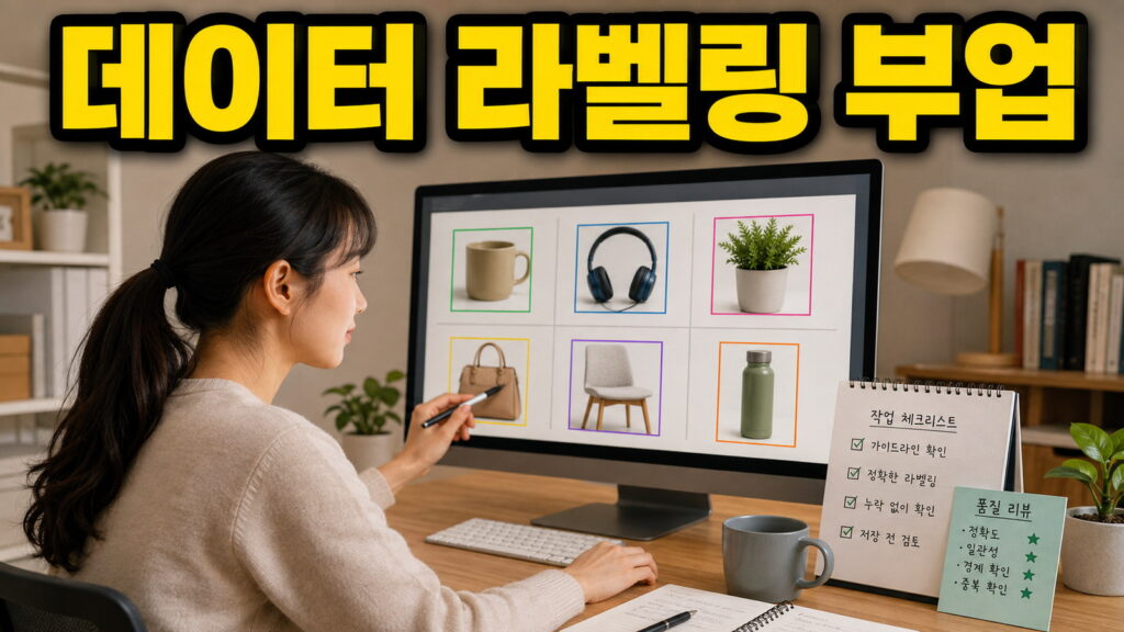 데이터 라벨링 부업 문구와 화면의 사물을 분류하는 작업자