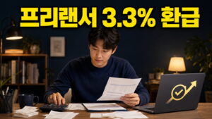 프리랜서 3.3% 환급 문구와 세금 자료를 확인하는 프리랜서