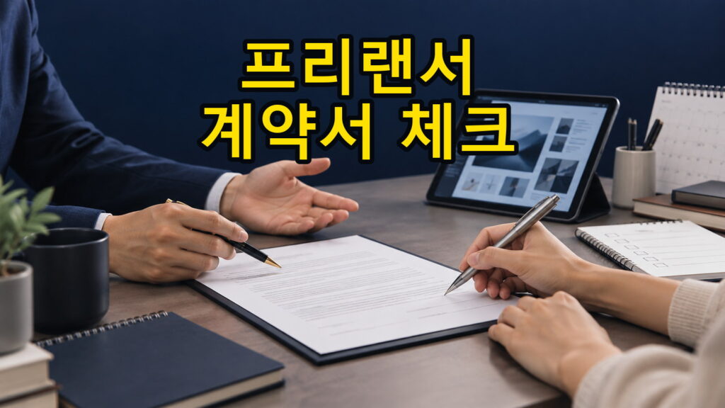 프리랜서와 의뢰인이 업무 범위와 저작권 계약서를 함께 확인하는 모습