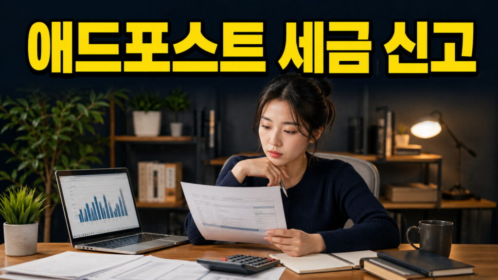 애드포스트 세금 신고 문구와 광고 수입 자료를 확인하는 블로거