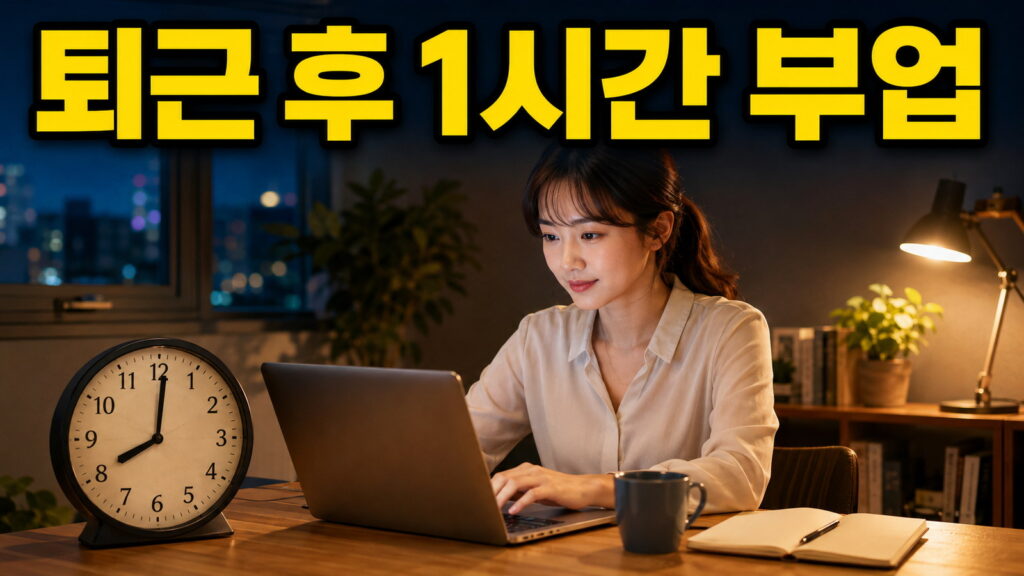 퇴근 후 1시간 부업 문구와 시계 옆에서 노트북으로 일하는 직장인