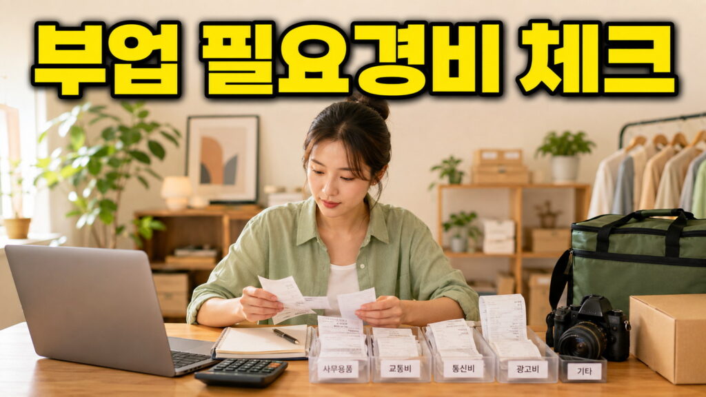 부업 필요경비 체크 문구와 영수증을 항목별로 정리하는 직장인