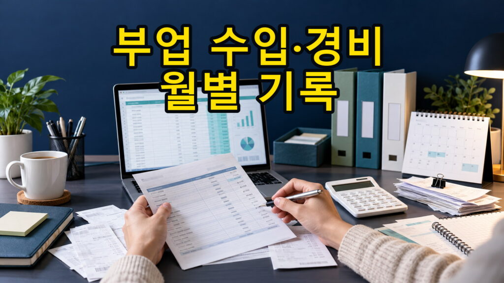 엑셀 장부로 부업 수입과 경비를 월별로 대조하는 모습